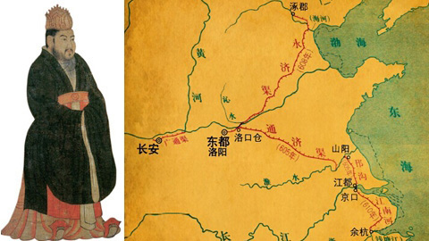 左：隋炀帝画像 右：隋唐时期的运河示意图